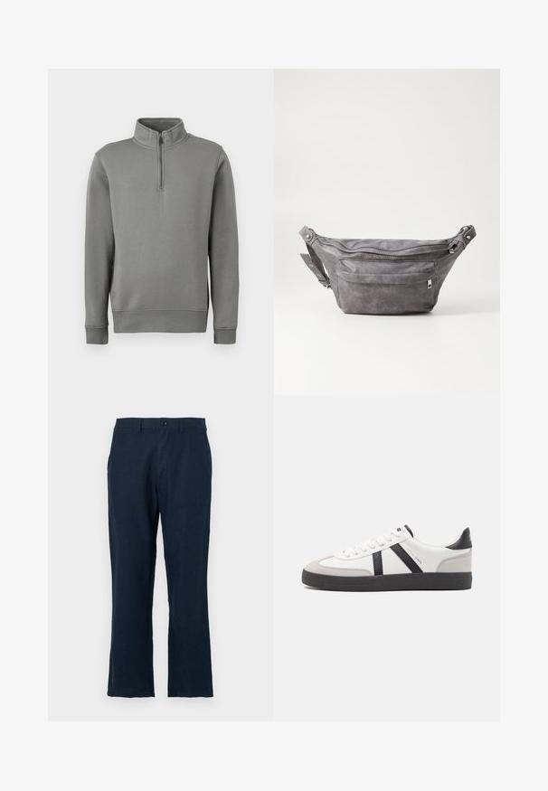 Gray pullover sweatshirt with a half-zip collar, ribbed cuffs, and a straight hem. Made of soft fabric with a smooth texture.; Navy blue linen trousers with a straight cut, button closure, and standard pockets. The fabric has a smooth texture and minimal detailing.; White sneaker with black and gray accents, featuring a textured gray toe cap, black rubber sole, and flat white laces. Clean design, minimalist style.; Gray suede fanny pack with a rounded shape, two zippered compartments, and adjustable strap. Features metal hardware accents.