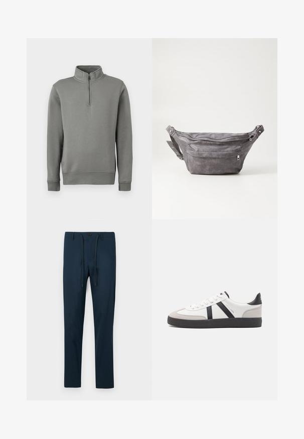 Gray pullover sweatshirt with a half-zip collar, ribbed cuffs, and a straight hem. Made of soft fabric with a smooth texture.; Navy blue trousers made of lightweight fabric, featuring a button closure and adjustable drawstring, with a slim, tapered fit.; White sneaker with black and gray accents, featuring a textured gray toe cap, black rubber sole, and flat white laces. Clean design, minimalist style.; Gray suede fanny pack with a rounded shape, two zippered compartments, and adjustable strap. Features metal hardware accents.