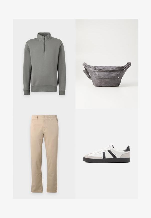 Gray pullover sweatshirt with a half-zip collar, ribbed cuffs, and a straight hem. Made of soft fabric with a smooth texture.; Beige chinos made of cotton, featuring a straight-leg design, traditional button closure, and side pockets with clean stitching.; White sneaker with black and gray accents, featuring a textured gray toe cap, black rubber sole, and flat white laces. Clean design, minimalist style.; Gray suede fanny pack with a rounded shape, two zippered compartments, and adjustable strap. Features metal hardware accents.