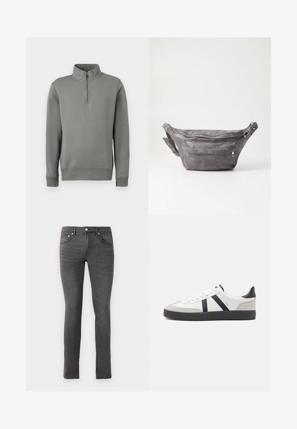 Gray pullover sweatshirt with a half-zip collar, ribbed cuffs, and a straight hem. Made of soft fabric with a smooth texture.; Gray denim jeans with a slim fit, featuring a classic five-pocket design, front button closure, and faint textured detailing throughout.; White sneaker with black and gray accents, featuring a textured gray toe cap, black rubber sole, and flat white laces. Clean design, minimalist style.; Gray suede fanny pack with a rounded shape, two zippered compartments, and adjustable strap. Features metal hardware accents.