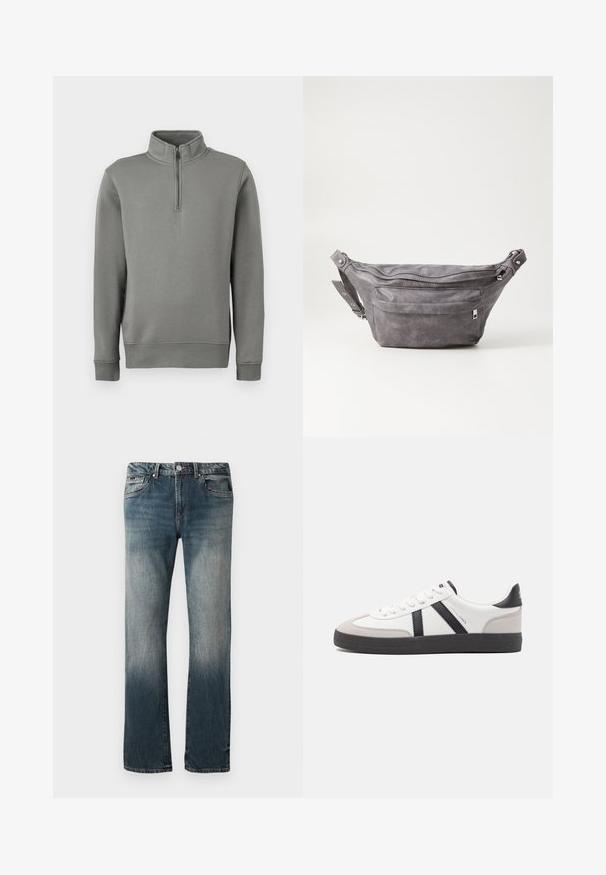 Šedý pulovrový svetr s polo zipem, ribovanými manžetami a rovním lemem. Vyrobeno z měkké tkaniny s hladkou strukturou.; Pánské džíny rovného střihu v modré barvě s bledým umytím a pěti kapsami na bílém pozadí.; Bílé tenisky s černými a šedými akcenty, opatřené texturovaným šedým prstovým krytem, černou gumovou podrážkou a plochými bílými tkaničkami. Čistý design, minimalistický styl.; Šedý semišový ledvinka s kulatým tvarem, dvěma zipovými přihrádkami a nastavitelným popruhem. Obsahuje kovové akcenty.