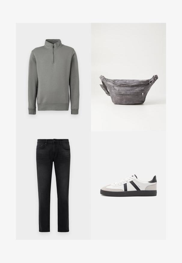 Sweat à capuche gris avec un col zippé à mi-hauteur, des poignets côtelés et un ourlet droit. Fabriqué en tissu doux avec une texture lisse.; Jean slim noir avec cinq poches, passants de ceinture et fermeture à bouton, posé à plat sur un fond blanc.; Baskets blanches avec des accents noirs et gris, présentant un embout texturé gris, une semelle en caoutchouc noir et des lacets plats blancs. Design épuré, style minimaliste.; Sac banane en suède gris avec une forme arrondie, deux compartiments zippés et une sangle réglable. Comprend des accents en métal.