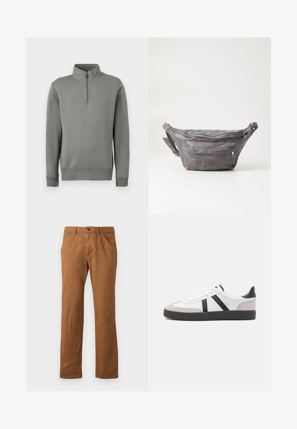 Gray pullover sweatshirt with a half-zip collar, ribbed cuffs, and a straight hem. Made of soft fabric with a smooth texture.; Brown cotton trousers with a straight cut, featuring a button closure, side pockets, and a smooth texture. Suitable for casual wear.; White sneaker with black and gray accents, featuring a textured gray toe cap, black rubber sole, and flat white laces. Clean design, minimalist style.; Gray suede fanny pack with a rounded shape, two zippered compartments, and adjustable strap. Features metal hardware accents.
