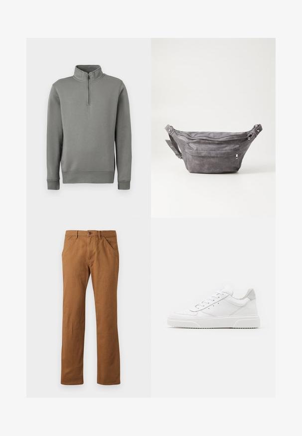 Grijze pullover sweatshirt met een halve ritssluiting, ribgebreide manchetten en een rechte zoom. Gemaakt van zachte stof met een gladde textuur.; Bruine katoenbroek met een rechte snit, voorzien van een knoopsluiting, zijzakken en een gladde textuur. Geschikt voor casual wear.; Witte leren sneakers met een gladde afwerking, ronde neus, platte veters en een gestructureerde zool. Grijze suède accent bij de hiel.; Grijze suède heuptas met een ronde vorm, twee met rits afgesloten compartimenten en een verstelbare band. Voorzien van metalen accenten.