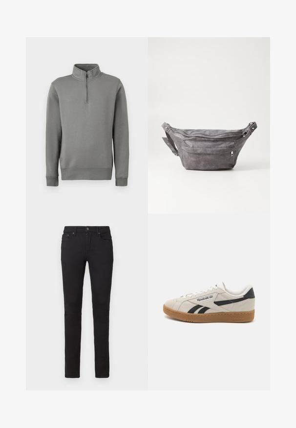 Szürke pulóver, félig cipzáros gallérral, bordás mandzsettákkal és egyenes aljjal. Puha anyagból készült, sima felülettel.; Fekete farmernadrág, slim fit szabással. Denim anyagból készült, cipzáros, öt zsebbel és diszkrét varrási részletekkel.; Reebok sneaker bézs velúrból fekete akcentusokkal. Jellemzője a gumi talp, a hagyományos fűzőrendszer és a párnázott nyak a kényelem érdekében.; Szürke velúr övtáska kerek formával, két cipzáras rekesszel és állítható pánttal. Fém dekorációval rendelkezik.