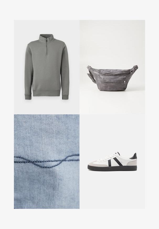 Pelēks džemperis ar pus-uzvalku, ribotām piedurknēm un taisnu apakšmalu. Izgatavots no mīksta auduma ar gludu tekstūru.; Gaiszilas denima audums ar redzamām izliekta šuva. Tekstūra šķiet gluda, ar vienmērīgu izšuvumu tumši zila diegā.; Baltas sneakeris ar melniem un pelēkiem akcentiem, kuram ir teksturēts pelēks purngals, melna gumijas zole un plakanas baltas šņores. Tīrs dizains, minimālisma stils.; Pelēks zamšādas jostas somiņa ar noapaļotu formu, divām kabatām ar rāvējslēdzējiem un regulējamu siksnu. Iekļauj metāla aksesuārus.