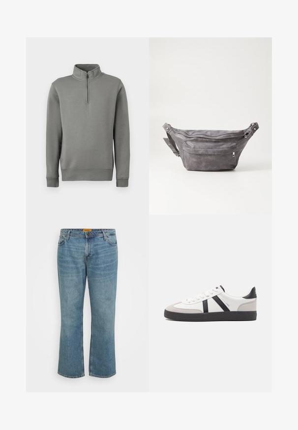 Gray pullover sweatshirt with a half-zip collar, ribbed cuffs, and a straight hem. Made of soft fabric with a smooth texture.; Light blue denim jeans with a straight leg cut, five pockets, visible stitching, and a zip fly. Label is yellow on the inside waistband.; White sneaker with black and gray accents, featuring a textured gray toe cap, black rubber sole, and flat white laces. Clean design, minimalist style.; Gray suede fanny pack with a rounded shape, two zippered compartments, and adjustable strap. Features metal hardware accents.