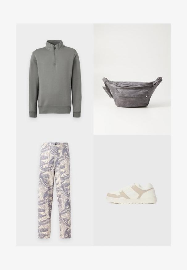 Hallhallane triiksärgi särk, millel on pool-ainus kaelus, soonikuga varrukad ja sirge hem. Valmistatud pehmest kangast, millel on sile tekstuur.; Kerged, kreemised püksid, millel on sinine abstraktne laine muster. Need on otse lõikega, kahe ees oleva voldiga ja nööbiga sulgumisega.; Valge ja beež treeningjalats, millel on sujuvad ja sametised tekstuurid, ümar varvas, lukk nööbid ja tasane kummist tald.; Hallikate nahast vöö kott, millel on ümar kuju, kaks tõmblukuga taskut ning reguleeritav rihm. Varustatud metallist detailide aktsentidega.