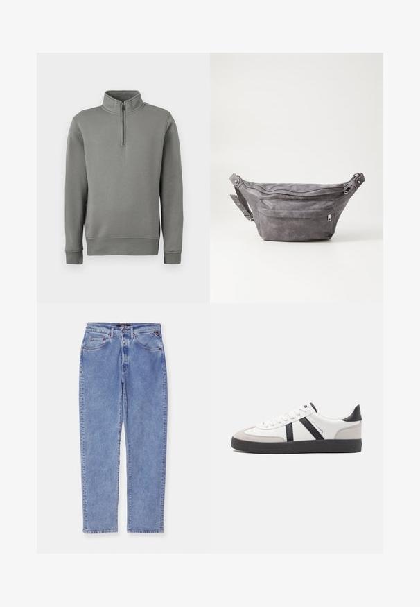 Grijze pullover sweatshirt met een halve ritssluiting, ribgebreide manchetten en een rechte zoom. Gemaakt van zachte stof met een gladde textuur.; Lichtblauwe denim jeans met een rechte snit, vijf zakken en een knoopsluiting. Heeft subtiele vervaging en contrasterende stiksels.; Witte sneaker met zwarte en grijze accenten, voorzien van een grijze neus met textuur, zwarte rubberen zool en platte witte veters. Schoon ontwerp, minimalistische stijl.; Grijze suède heuptas met een ronde vorm, twee met rits afgesloten compartimenten en een verstelbare band. Voorzien van metalen accenten.