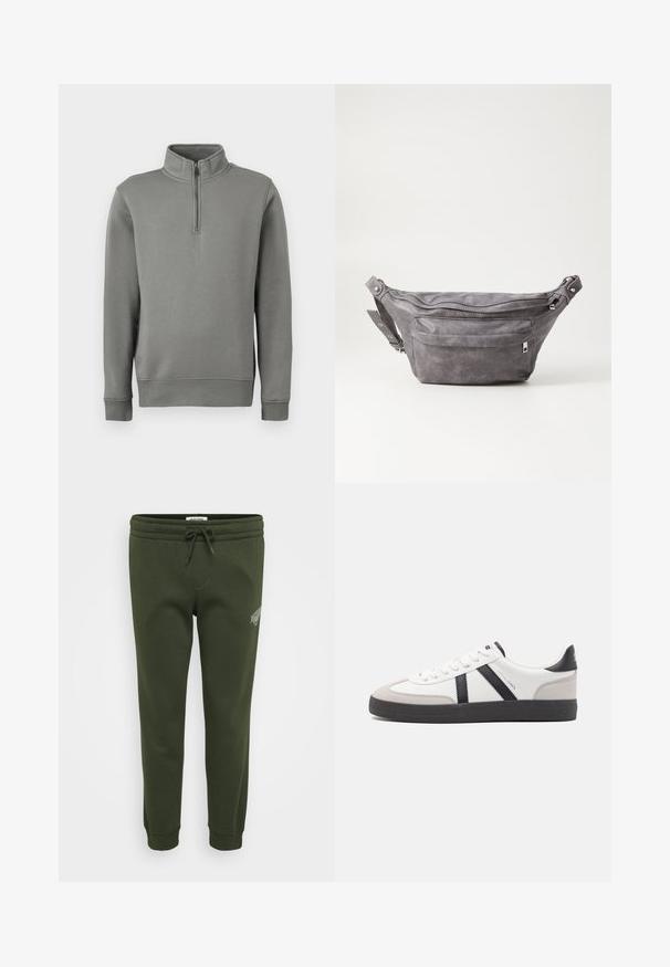 Grijze pullover sweatshirt met een halve ritssluiting, ribgebreide manchetten en een rechte zoom. Gemaakt van zachte stof met een gladde textuur.; Olijf groene sweatpants van een zachte katoenmix, met een elastische tailleband met koord en ribgebreide manchetten bij de enkels.; Witte sneaker met zwarte en grijze accenten, voorzien van een grijze neus met textuur, zwarte rubberen zool en platte witte veters. Schoon ontwerp, minimalistische stijl.; Grijze suède heuptas met een ronde vorm, twee met rits afgesloten compartimenten en een verstelbare band. Voorzien van metalen accenten.
