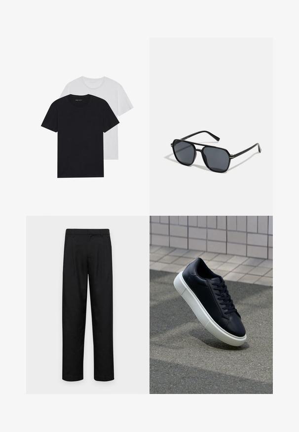 Melna adīta džemperis ar tekstūru rakstu, noapaļota kakla izgriezuma un garām piedurknēm. Audums šķiet biezs un ērts.; Melnbalti crew-neck T-krekli, īsām piedurknēm, izgatavoti no kokvilnas auduma, ar gludu tekstūru, ar zīmolu uz apkakles.; Melnas bikses, izgatavotas no gludas auduma, ar taisnu kāju dizainu, divām priekšējām krokām un standarta jostu, kurai ir āķi.; Melnas ādas kedas ar noapaļotu pirkstu un baltu gumijas zoli. Iespējas - plakanas šņorītes un minimāla apdare augšdaļā. Struktūrēta zole, lai nodrošinātu saķeri.; Melnas saules brilles ar astoņstūra rāmī, tumšiem stikliem, spīdīgu apdari, plānām kājām un zelta akcentiem priekšpusē.