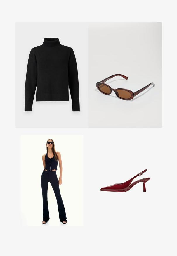 Svart höghalssweater i mjukt stickat material. Har en ribbad nederkant, långa ärmar och en avslappnad passform. Enkel och mångsidig design.; Svart avkortad linne med dragkedja fram, kombinerat med högmidjade svarta utsvängda byxor. Modellen bär mörka solglasögon och klacksandaler.; Bershka Pumps - dark red; Runda, bruntonade solglasögon med en glansig bordeauxfärgad ram. Smala bågar med subtilt varumärkesdetalj. Platt linsdesign.; Svart läderhalsband med en blomma-pendang med fem kronblad i olika former och silverdetaljer i mitten, säkrad med justerbara snören.