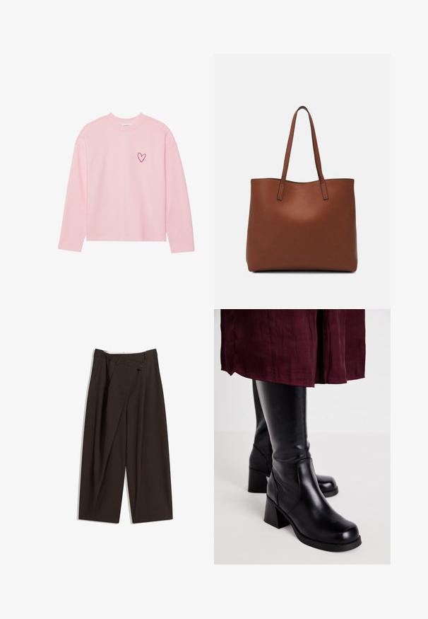 Light pink long-sleeve sweatshirt made from soft fabric. Features a small embroidered heart on the left chest. Ribbed neckline and cuffs.; Dark brown wide-leg trousers with a high waist, featuring a single button closure and a pleated front. Made from lightweight fabric.; Black knee-high boots with a smooth leather finish, rectangular block heels, and side stitching detail, paired with a maroon skirt.; Brown leather tote bag with a smooth texture, open top design, and two shoulder straps. Features minimal stitching and no visible hardware.