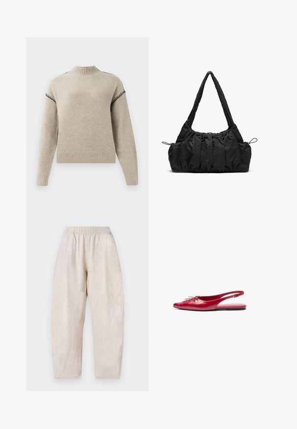 Bežna pletena jopica z ribanim ovratnikom, manšetami in robom, ki ima črne šivane detajle na ramenih in zgornjih rokavih.; Svetlo bež, široke hlače s elastičnim pasom in subtilno teksturo. Naravnost krojene noge se rahlo zožijo pri gležnjih.; Rdeče usnjene balerinke s prstnim koncem in okrasnim vezanjem spredaj, opremljene s slim trakovi okoli gležnja in ravnim podplatom.; Črna tkanina torbica z nabranim teksturo, dvema naramnicama in zategovanjem na straneh. Gladek, lahkoten material.