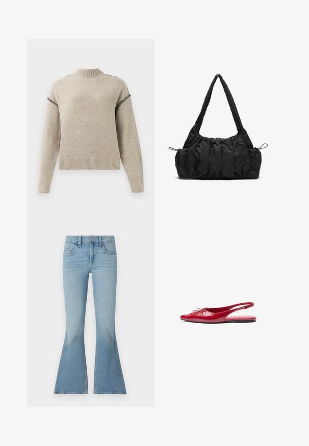 Beige pletený svetr s žebrovaným límcem, manžetami a lemem, s černým prošíváním na ramenech a horních rukávech.; Světle modré flared džíny s vysokým pasem, pětivreckovým designem, jemným vyblednutím a širokým lemem; vyrobené z tkané bavlny.; Červená kožená sanda s plochým podpatkem a špičatou špičkou, s dekorativním šněrováním na přední straně, s úzkým řemínkem kolem kotníku a plochou podrážkou.; Černá látková kabelka se skládáním, dvěma ramenními popruhy a stahovacími šňůrkami po stranách. Hladký, lehký materiál.