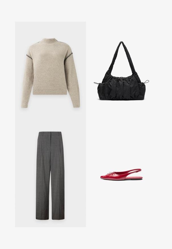 Beige kötött pulóver bordás, állógallérral, mandzsettával és szegéllyel, fekete cérnázott díszítéssel a vállakon és a felső ujjain.; Vero Moda VMSIKITA WIDE DAD PANT - Nadrágok - medium grey/black; Piros bőr, hátul nyitott lapos cipő, hegyes orral és dekoratív fűzős részlettel az elején, vékony bokapánttal és lapos talppal.; Fekete szövet kézitáska gyűrött textúrával, két vállpánttal és fűzős záródással az oldalakon. Simább, könnyű anyag.
