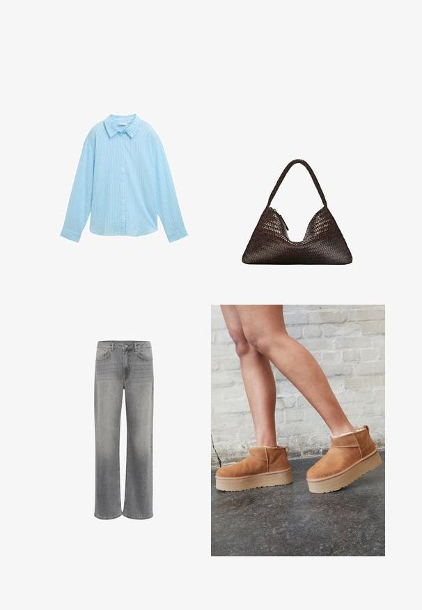 Lys grå strikket langærmet sweater med ribbet kant og manchetter, med en V-hals og afslappet pasform.; Lyseblå skjorte med knaplukning, der har lodrette hvide striber, spredt krave, lange ærmer og en afslappet pasform. Lavet af blødt stof.; Vide ben jeans i grå denim, med høj talje, fem lommer, lukning med knap foran og subtilt slid på stoffet.; Brune ruskinds ankelsko med en blød foring, tyk beige plattformsål og en bageste løkke. Tekstureret overflade med synlige sømdetaljer.; Mørkebrun trekantet håndvævet læderhåndtaske med en enkelt flettet hank og synlig lynlåstrækker på den ene side.; Sæt af otte sølvringar med forskellige design, herunder glatte, teksturerede og en med små perler. Funktioner inkluderer kurver og accenter.