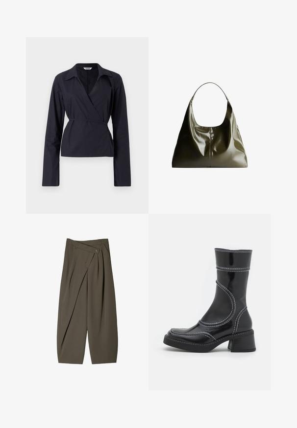 Hellgrauer, gestrickter Langarmpullover mit ribbeltem Saum und Bündchen, V-Ausschnitt und lässiger Passform.; Schwarzes Wickeloberteil aus leichtem Stoff. Verfügt über lange Ärmel, einen Kragen und eine geknotete Taille für eine figurbetonte Silhouette.; Weite Hose aus dunkelolivgrünem Stoff mit einem gefältelten Vorderdesign, einem Knopfverschluss und einer glänzenden, strukturierten Oberfläche.; Schwarze Lackleder-Ankle Boots mit weißen Nähten, abgerundeter Zehe und Blockabsatz. Besitzt geschwungene Designlinien und eine glatte Textur.; Olivgrüne, Leder-Umhängetasche mit einer glatten, glänzenden Oberfläche. Verfügt über einen abgerundeten oberen Teil und eine weiche, fallende Form. Minimalistisches Design.