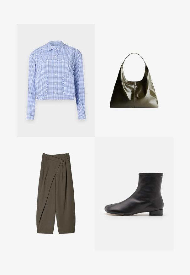 Vaalea harmaa neulottu pitkähihaisessa villapaidassa on ribbireunus ja -hihansuut, V-pääntie sekä rento istuvuus.; Lyhythihainen sinivalkoinen ruudullinen paita, pitkähiha, nappikiinnitys, frillasomisteiset taskut, rakenteellinen kaulus, sileä puuvillakangas.; Housut, joissa on leveä malli tummanoliivinvihreässä kankaassa, pleat-edessä, napin sulkeminen ja kiiltävä, tekstuuri pinta.; MM6 Maison Margiela BOOT - Klassiset nilkkurit - black; Oliivivihreä, nahkainen olkalaukku, jossa on sileä, kiiltävä pinta. Ominaisuuksiin kuuluu pyöristetty yläosa ja pehmeä, roikkuva muoto. Minimalistinen muotoilu.