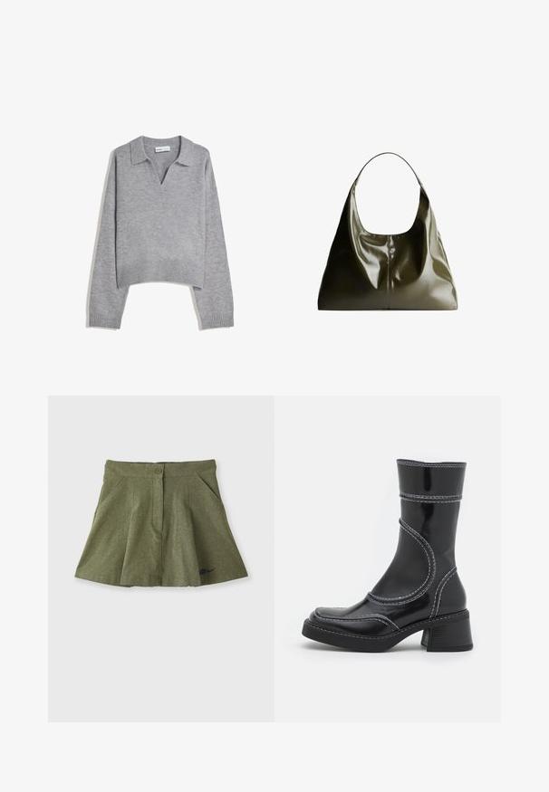Világosszürke kötött, hosszú ujjú pulóver ribbelt aljjal és mandzsettákkal, V-alakú nyakkivágással és laza szabással.; Nike Sportswear X NAOMI OSAKA SKIRT - Miniszoknya - medium olive/blackened blue; Fekete lakkbőr bokacsizma fehér varrással, kerek orral és blokk sarkal. Görbült formai vonalakkal és sima textúrával rendelkezik.; Olíva zöld bőrtáska, sima, fényes felülettel. Kerek tetejű és puha, lazán hullámos formájú. Minimalista dizájn.; Ezüst színű rozsdamentes acél óra négyzet alakú tok, fehér számlap, analóg és digitális kijelző, valamint fém láncszíj jellemzi. Vízálló kialakítás.