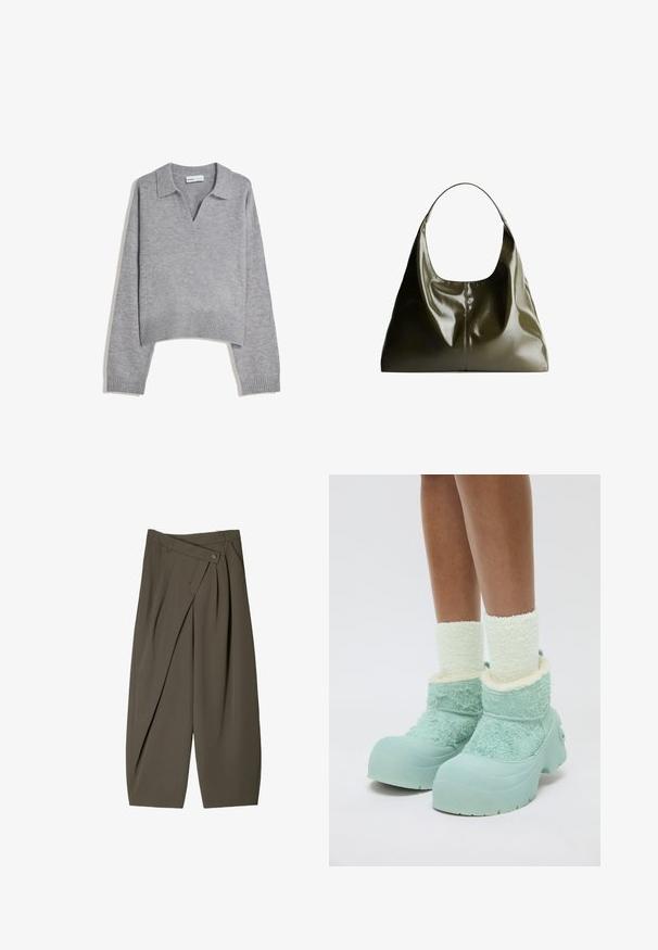 Pulover lung cu mânecă lungă, tricotat, de culoare gri deschis, cu tiv și mansete cu nervuri, având un guler în V și o croială lejeră.; Tricou alb cu mânecă lungă, confecționat din bumbac, având gât rotund și o croială lejeră. Designul este simplu, fără modele sau accente vizibile.; Pantaloni cu croi larg dintr-un material verde măsliniu închis, cu un design pliat în față, închidere cu nasture și o suprafață lustruită și texturată.; Picioare îmbrăcate în șosete groase și pufoase albe și cizme de iarnă chunky, de culoare albastru deschis, cu țesătură texturată și tălpi din cauciuc, pe un fundal alb.; Geantă de umăr din piele de culoare verde măslinie, cu un finisaj neted și lucios. Prezintă un vârf rotunjit și o formă moale, plisată. Design minimalist.