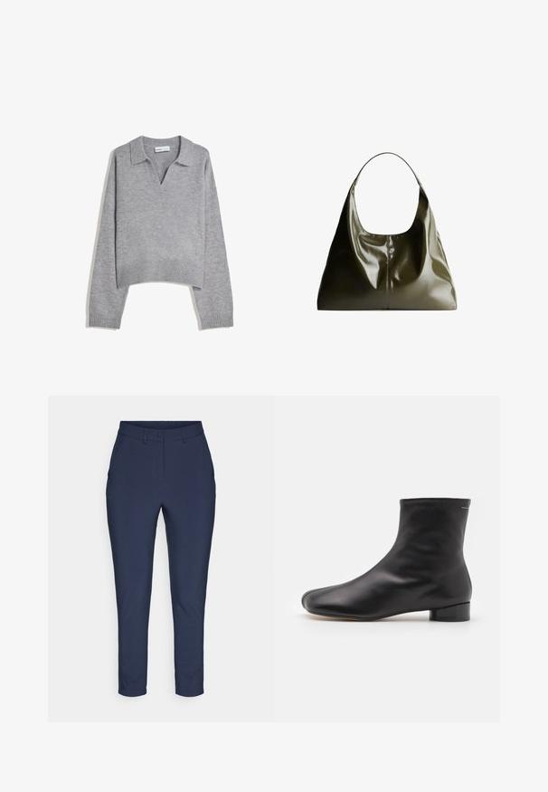 Svetlo šedý pletený sveter s dlhým rukávom, s rebrovaným lemom a manžetami, s výstrihom do V a voľným strihom.; Biela dlhá bavlnená tričko s dlhým rukávom, s okrúhlym výstrihom a voľným strihom. Dizajn je jednoduchý, bez viditeľných vzorov alebo akcentov.; Námornícky modré nohavice s textúrovanou látkou, s rovnými strihom, zapínaním na gombík a bočnými vreckami. Moderný dizajn s čistými líniami.; MM6 Maison Margiela BOOT - Klasické členkové čižmy - black; Olivovo zelená kožená taška na rameno s hladkým, lesklým povrchom. Má zaoblený vrch a jemný, splývavý tvar. Minimalistický dizajn.
