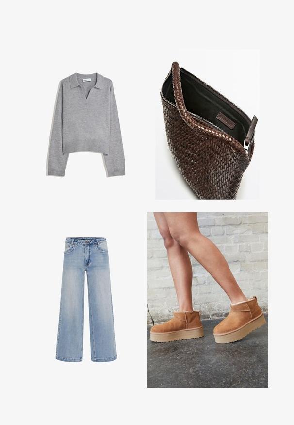Ljusgrå stickad långärmad tröja med ribbad nederkant och ärmslut, med V-ringning och avslappnad passform.; Vit t-shirt med kort ärm i bomull. Har en rundad halsringning och en avslappnad passform. Slät textur utan synliga mönster eller detaljer.; Ljusblå vida jeans med hög midja, fem fickor och kontraststickningar. Tillverkade av denim med en slät textur.; Bruna mocka ankelskor med en fluffig foder, tjock beige plattformssula och en dragflik bak. Texturerad yta med synliga sömdetaljer.; Vävd brun läderväska med dragkedja, med en texturerad utsida och ett slätt svart innertyg.; Set om åtta silverringar, med olika mönster inklusive släta, texturerade och en med små pärlor. Funktioner inkluderar kurvor och detaljer.