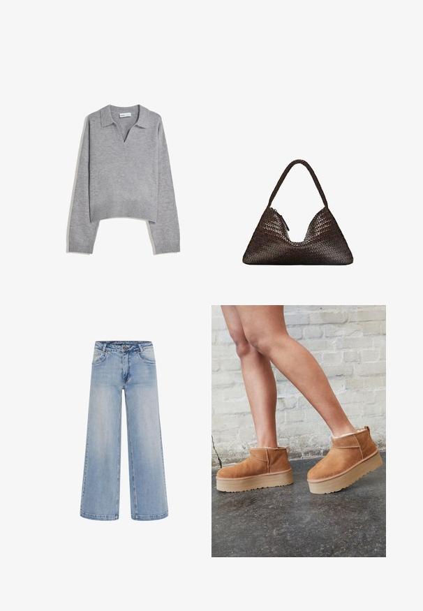 Hellgrauer, gestrickter Langarmpullover mit ribbeltem Saum und Bündchen, V-Ausschnitt und lässiger Passform.; Weißes T-Shirt mit kurzen Ärmeln aus Baumwolle. Hat einen Rundhalsausschnitt und eine lockere Passform. Glatte Textur ohne sichtbare Muster oder Akzente.; Hellblaue weit geschnittene Jeans mit hoher Taille, fünf Taschen und Kontrastnähten. Hergestellt aus Denim mit einer glatten Textur.; Braune Wildleder-Stiefeletten mit einem weichen Futter, dicker beige Plateau-Sohle und einer Zuglasche auf der Rückseite. Strukturiert Oberfläche mit sichtbaren Nähdetails.; Dunkelbraune, dreieckige, gewebte Lederhandtasche mit einem einzelnen geflochtenen Griff und sichtbarem Reißverschluss an einer Seite.; Set aus acht silbernen Ringen, verschiedene Designs, darunter glatte, strukturierte und einer mit kleinen Perlen. Merkmale sind Kurven und Akzente.