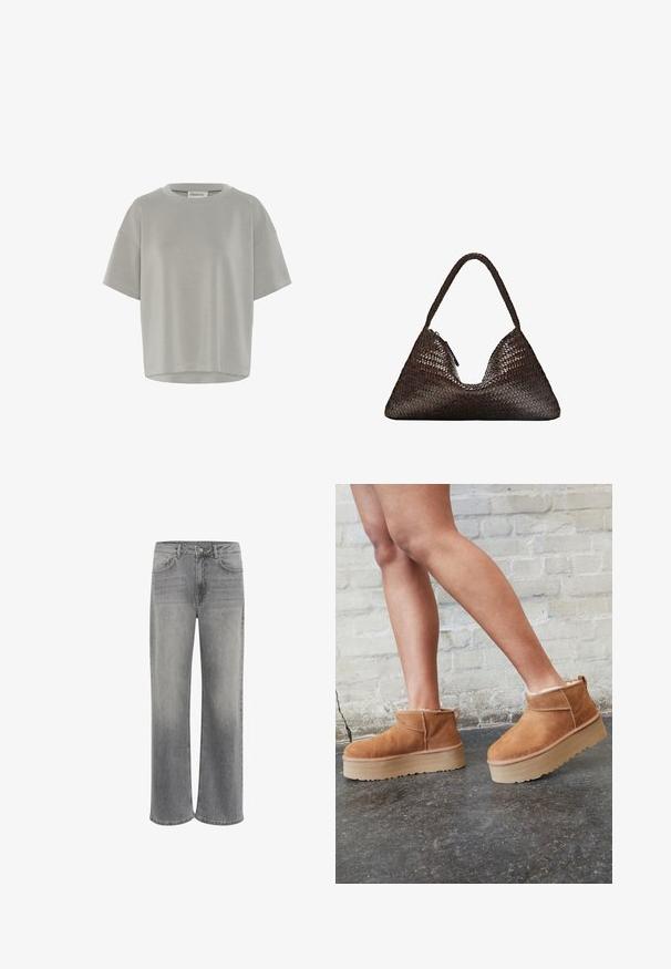 Hellgrauer, gestrickter Langarmpullover mit ribbeltem Saum und Bündchen, V-Ausschnitt und lässiger Passform.; My Essential Wardrobe HELLE EMB BOXY - T-Shirt basic - moon mist; Weite Jeans aus grauem Denim mit hoher Taille, fünf Taschen, einem vorderen Knopfverschluss und dezentem Verblassen des Materials.; Braune Wildleder-Stiefeletten mit einem weichen Futter, dicker beige Plateau-Sohle und einer Zuglasche auf der Rückseite. Strukturiert Oberfläche mit sichtbaren Nähdetails.; Dunkelbraune, dreieckige, gewebte Lederhandtasche mit einem einzelnen geflochtenen Griff und sichtbarem Reißverschluss an einer Seite.; Set aus acht silbernen Ringen, verschiedene Designs, darunter glatte, strukturierte und einer mit kleinen Perlen. Merkmale sind Kurven und Akzente.