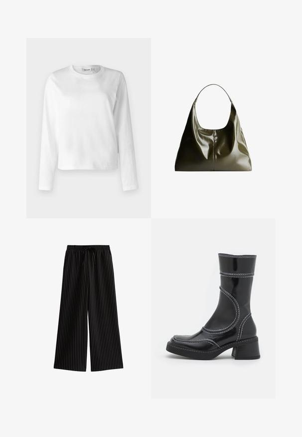 Light gray knitted long-sleeve sweater with a ribbed hem and cuffs, featuring a V-neck collar and relaxed fit.; White long-sleeve t-shirt made of cotton, featuring a round neck and a relaxed fit. The design is simple with no visible patterns or accents.; Black wide-leg pants with white vertical stripes, featuring an elastic waistband and drawstring. Smooth fabric texture, casual design.; Black patent leather ankle boot with white stitching, rounded toe, and block heel. Features curved design lines and a smooth texture.; Olive green, leather shoulder bag with a smooth, glossy finish. Features a rounded top and soft, draped shape. Minimalist design.; Silver stainless steel watch with a square case, white face, analog and digital display, and a metal link bracelet. Waterproof design.
