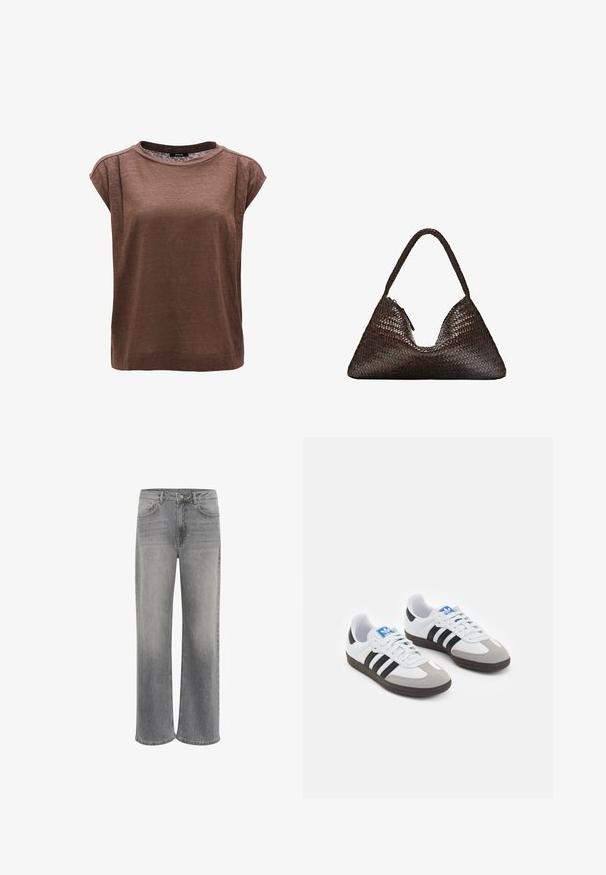 Lichtgrijs gebreid langemouwen trui met een ribgebreide onderrand en manchetten, voorzien van een V-hals en een ontspannen pasvorm.; Bruine top met korte mouwen, ronde hals, losse pasvorm, gemaakt van lichtgewicht materiaal, met zijnaden en zonder zichtbare versieringen.; Grijze denim wijdvallende jeans met een hoge taille, vijf zakken, een sluiting met een knoop aan de voorkant en subtiele vervaging op de stof.; Sportschoenen met een witte leren bovenkant, grijze suède neus en drie zwarte strepen. Bevat een blauw logo op de tong en een gestructureerde rubberen zool.; Donkerbruine driehoekige geweven leren handtas met een enkele gevlochten handgreep en een zichtbare ritssluiting aan één kant.; Set van acht zilveren ringen, met verschillende ontwerpen waaronder glad, textured en een met kleine parels. Kenmerken zijn onder andere krommingen en accenten.