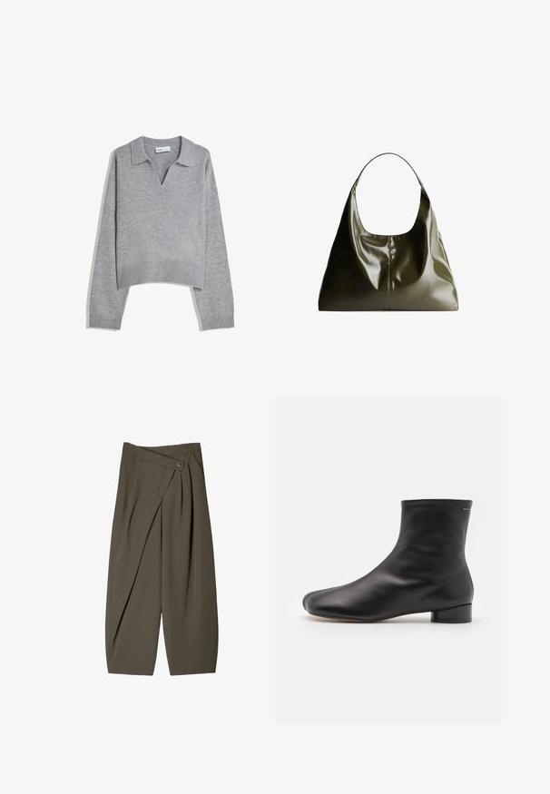 Pulover lung cu mânecă lungă, tricotat, de culoare gri deschis, cu tiv și mansete cu nervuri, având un guler în V și o croială lejeră.; Pantaloni cu croi larg dintr-un material verde măsliniu închis, cu un design pliat în față, închidere cu nasture și o suprafață lustruită și texturată.; MM6 Maison Margiela BOOT - Botine clasice - black; Geantă de umăr din piele de culoare verde măslinie, cu un finisaj neted și lucios. Prezintă un vârf rotunjit și o formă moale, plisată. Design minimalist.