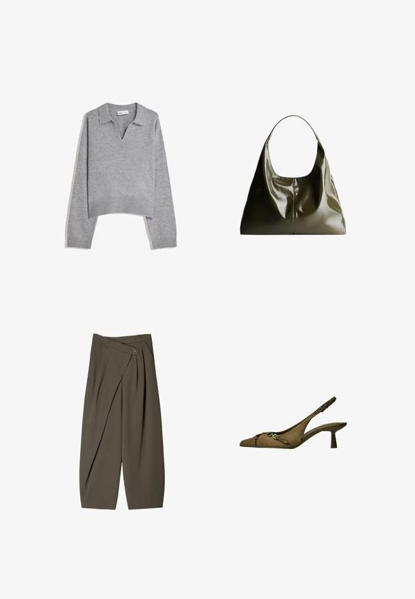 Light gray knitted long-sleeve sweater with a ribbed hem and cuffs, featuring a V-neck collar and relaxed fit.; Wide-fit trousers in dark olive green fabric, featuring a pleated front design, a button closure, and a polished, textured surface.; Olive green suede slingback heel with pointed toe, adjustable strap, and silver buckle detail; low, flared heel for stability.; Olive green, leather shoulder bag with a smooth, glossy finish. Features a rounded top and soft, draped shape. Minimalist design.