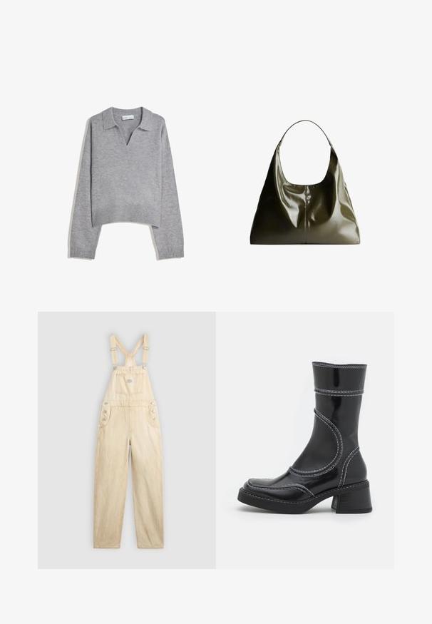 Pulover lung cu mânecă lungă, tricotat, de culoare gri deschis, cu tiv și mansete cu nervuri, având un guler în V și o croială lejeră.; Salopetă de denim bej deschis, cu un buzunar pătrat, bretele ajustabile, butoane tip snap pe lateral și tăietură largă a piciorului.; Cizmă ankle din piele patent neagră cu cusături albe, vârf rotund și toc pătrat. Prezintă linii de design curbe și o textură netedă.; Geantă de umăr din piele de culoare verde măslinie, cu un finisaj neted și lucios. Prezintă un vârf rotunjit și o formă moale, plisată. Design minimalist.