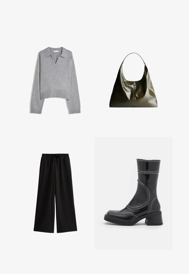 Maglione a maniche lunghe grigio chiaro lavorato a maglia con orlo e polsini a coste, caratterizzato da un colletto a V e una vestibilità rilassata.; Pantaloni neri a gamba larga con strisce verticali bianche, dotati di una vita elastica e cordino. Tessuto liscio, design casual.; Stivale alla caviglia in pelle verniciata nera con cuciture bianche, punta arrotondata e tacco a blocco. Presenta linee di design curve e una texture liscia.; Borsa a spalla in pelle verde oliva con una finitura liscia e lucida. Presenta una parte superiore arrotondata e una forma morbida e drappeggiata. Design minimalista.; Orologio in acciaio inossidabile argentato con cassa quadrata, quadrante bianco, display analogico e digitale, e bracciale a maglie metalliche. Design impermeabile.