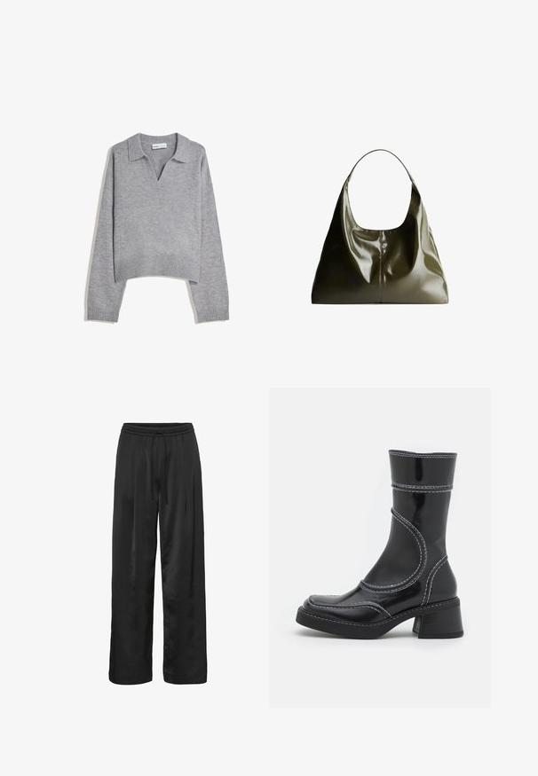 Világosszürke kötött, hosszú ujjú pulóver ribbelt aljjal és mandzsettákkal, V-alakú nyakkivágással és laza szabással.; Fekete, széles szárú nadrág sima, fényes anyagból. Rugalmas derékkal rendelkezik, amely állítható zsinórral készült az optimális illeszkedés érdekében.; Fekete lakkbőr bokacsizma fehér varrással, kerek orral és blokk sarkal. Görbült formai vonalakkal és sima textúrával rendelkezik.; Olíva zöld bőrtáska, sima, fényes felülettel. Kerek tetejű és puha, lazán hullámos formájú. Minimalista dizájn.