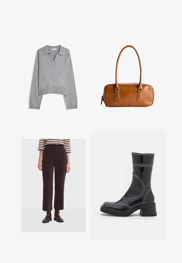 Hellgrauer, gestrickter Langarmpullover mit ribbeltem Saum und Bündchen, V-Ausschnitt und lässiger Passform.; Frau trägt dunkelbraune gerippte weit geschnittene Hose, braune Leder-Stiefeletten und ein weißes und burgunderfarben gestreiftes Shirt mit drei Viertelärmeln.; Schwarze Lackleder-Ankle Boots mit weißen Nähten, abgerundeter Zehe und Blockabsatz. Besitzt geschwungene Designlinien und eine glatte Textur.; Braune Lieblingstasche aus Leder mit zwei langen Tragegriffen, rechteckiger Form, glatter Oberfläche, Reißverschluss und Hardware-Akzenten in Silber.; Silberner Edelstahl-Uhr mit quadratischem Gehäuse, weißem Zifferblatt, analoger und digitaler Anzeige sowie einem Metallarmband. Wasserdichtes Design.