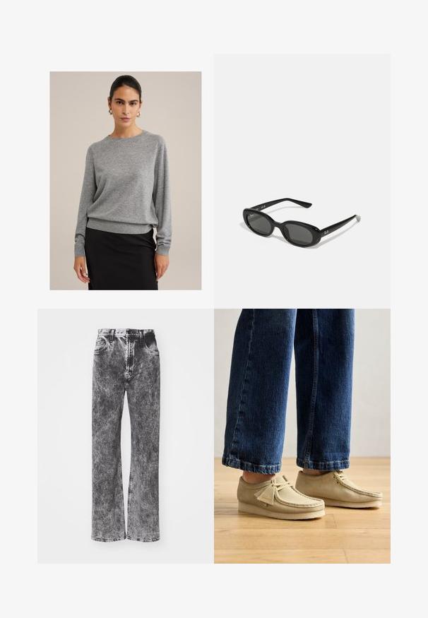Suéter gris hecho de un material de punto suave, con cuello redondo, puños acanalados y un corte relajado. Combinado con una falda negra.; Jeans de tiro alto y pierna ancha en un lavado negro y gris deslavado, con cinco bolsillos y costuras en contraste a lo largo del dobladillo.; Zapatos de ante beige con puntera redondeada y perfil bajo. Presentan un diseño con cordones y acentos cosidos. Llevados con jeans azules cortos.; Gafas de sol negras con lentes ovalados, marco de plástico brillante y brazos delgados. Presenta el logotipo de Ray-Ban en blanco en el lateral.; Pulsera bangle de resina negra con una superficie lisa y brillante y bordes redondeados. Presenta un pequeño logo dorado "Pilgrim" en el interior.
