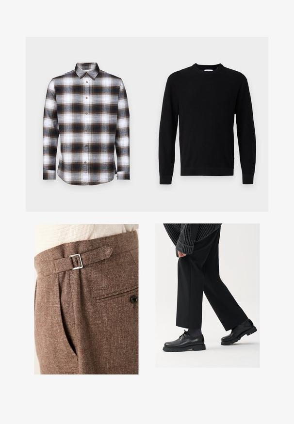 Pulover negru tricotat, cu guler rotund, mâneci lungi și textură cu nervuri. Prezintă un tiv drept și un design minimalist.; Cămașă cu mâneci lungi, în carouri, având culori maro, negru și alb, cu guler butonat și nasturi maronii, fabricată dintr-un material moale.; Pantaloni tailored maro, realizați dintr-un material texturat, cu o cataramă argintie la talie, pliseuri și un buzunar pe spate cu un nasture.; Pantofi din piele neagră cu vârf rotunjit, design cu şireturi şi o talpă groasă, texturată. Purtați cu pantaloni negri bine croiți și un pulover cu ripuri.