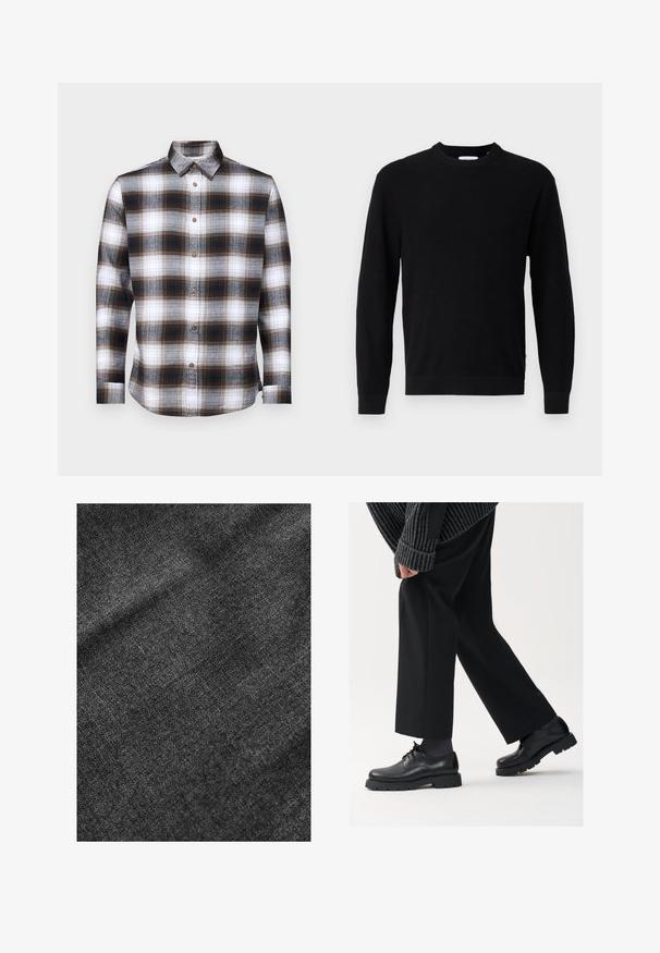Schwarzer gestrickter Pullover mit rundem Halsauschnitt, langen Ärmeln und einem gerippten Textur. Verfügt über einen geraden Saum und ein minimales Design.; Langärmliges kariertes Hemd in Braun-, Schwarz- und Weißtönen, mit Button-Down-Kragen und braunen Knöpfen aus weichem Stoff.; Strukturierter schwarzer Stoff mit einer weichen, leicht glänzenden Oberfläche, die ein dezentes Webmuster und einen geschmeidigen Fall aufweist.; Schwarze Lederschuhe mit einer runden Spitze, Schnürdesign und dicker, strukturierter Sohle. Getragen mit maßgeschneiderten schwarzen Hosen und einem gerippten Pullover.