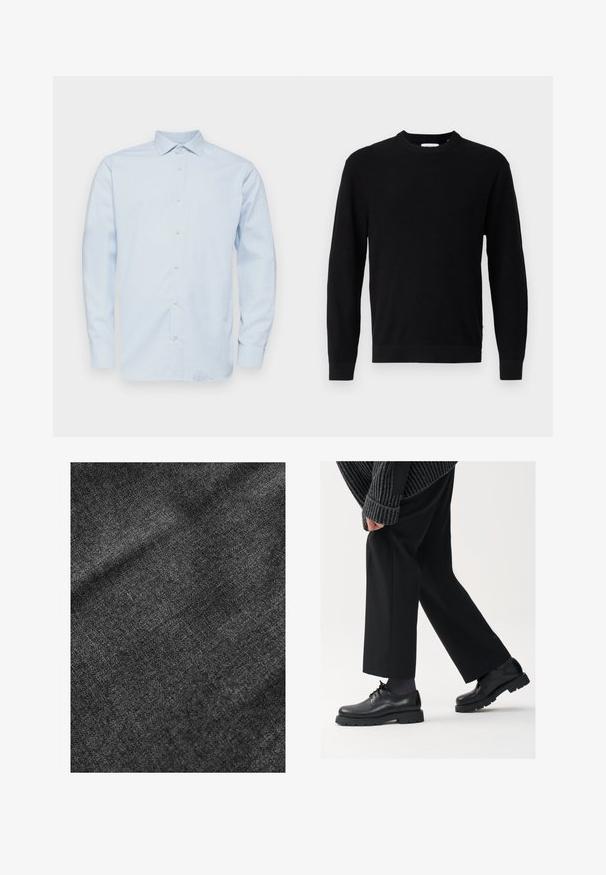 Juodas megztinis su apvaliu iškirpimu, ilgomis rankovėmis ir raštuotu paviršiumi. Turi tiesią apačią ir minimalistinį dizainą.; Šviesiai mėlyna ilgaašvarkė marškiniai su smailia apykakle, mygtukų priekyje ir subtiliu languotu raštu. Pagaminti iš lygaus audinio su struktūrizuotu siluetu.; Textūruotas juodas audinys su minkštu, šiek tiek blizgiu paviršiumi, rodantis subtilų audimo raštą ir lygų kritimą.; Juodos odinės kojinės su apvalia nosimi, raištelių dizainu ir storu, tekstūriniu padu. Dėvimos su pritaikytomis juodomis kelnėmis ir liniuotėmis megztiniu.