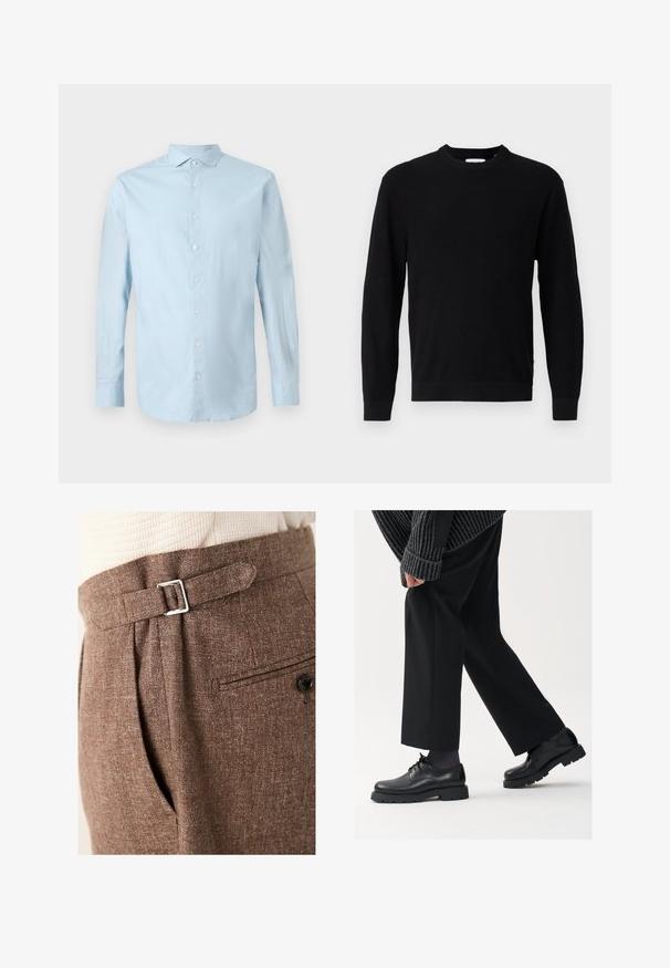 Černý pletený svetr s kulatým výstřihem, dlouhými rukávy a žebrovanou strukturou. Má rovný lem a minimalistický design.; Světle modrá dlouhá košile s knoflíky, klasickým límcem a mírně pomačkanou texturou látky.; Hnědé kalhoty na míru vyrobené z texturované látky, s stříbrnou sponou v pase, záhyby a zadní kapsou s knoflíkem.; Černé kožené boty s kulatou špičkou, šněrovací design a silnou strukturovanou podrážkou. Noseny s dobře padnoucími černými kalhotami a žebrovaným svetr.