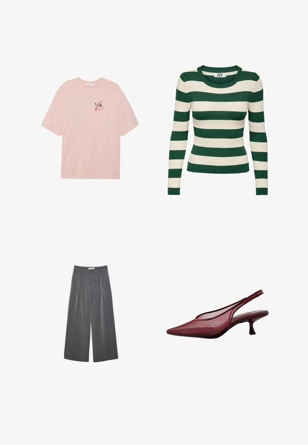 Zielony i kremowy, w paski, dzianinowy sweter z długim rękawem, okrągłym dekoltem i dopasowanym krojem, o kontrastowej fakturze dzianiny.; Jasnoróżowa bawełniana koszulka z grafiką czarnej żurawki z czerwonymi akcentami oraz napisem "SAKURA". Luźny krój i okrągły dekolt.; Plisowane spodnie o szerokich nogawkach w ciemnoszarym materiale z subtelną teksturą. Posiadają zapięcie na guzik oraz klasyczny krój pasa.; Burgundowe sandały na obcasie z odkrytą piętą, z wąskim czubkiem i siateczkowym wierzchem. Posiadają smukły obcas oraz wycięcia, co zapewnia elegancki zarys.