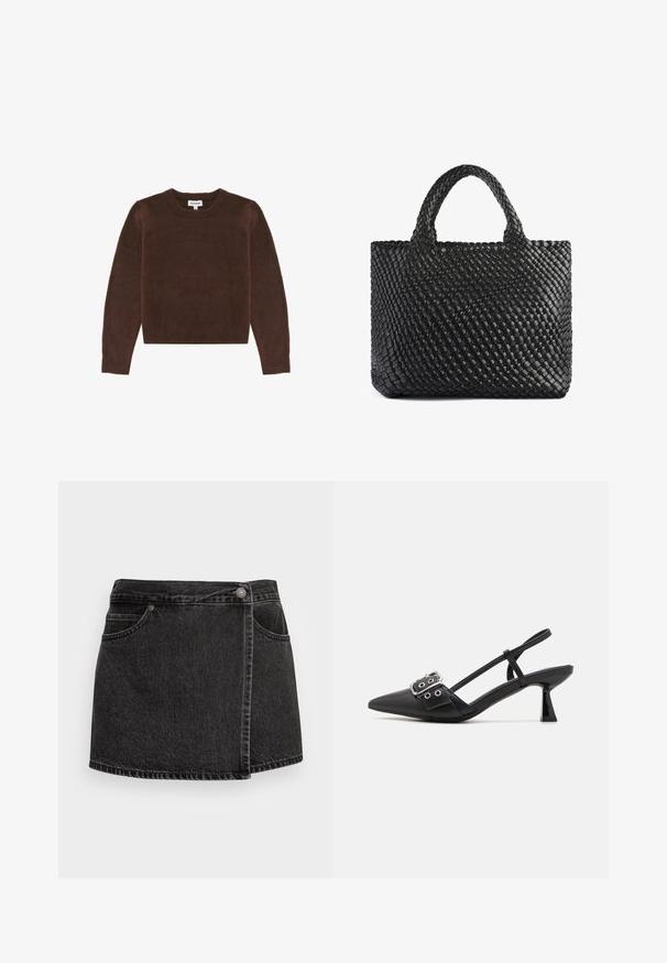 Tricot marron avec un col rond et des manches longues. Texture douce, design court, sans motifs visibles ni détails matériels.; Jupe mini en denim noir avec un ourlet légèrement effiloché, deux poches avant et une fermeture à bouton argenté. Dotée d'un design à enroulement sur le côté.; Simmi London DALA - Escarpins - black; Sac fourre-tout tissé noir avec deux poignées, présentant une surface texturée et une forme rectangulaire. Design simple et unique sans quincaillerie visible.; Boucles d'oreilles en métal doré avec un design ondulé ; surface lisse et réfléchissante ; forme asymétrique ; sans motifs ni éléments visibles.