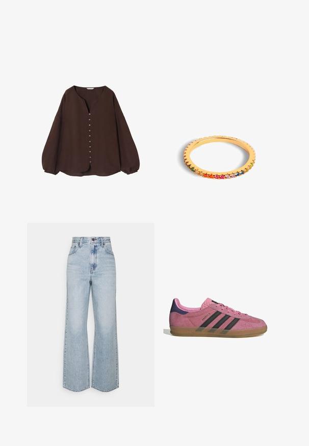 Rosa Kapuzenpullover mit einer Fronttasche, der den Text "OFF LIMITS" in Weiß zeigt. Mit gerippten Bündchen und Saum, aus weichem Stoff gefertigt.; Braunes langärmliges Oberteil aus strukturiertem Material mit einem V-Ausschnitt und einer Knopfleiste an der Vorderseite, mit gerafften Ärmeln und abgerundetem Saum.; Helle blaue Jeans im weiten Schnitt mit hoher Taille, klassischem Fünf-Taschen-Design und kontrastierenden Nähten. Unfinished Saum am unteren Ende.; Rosa Wildleder-Sneaker mit schwarzen Streifen, Gummisohle und strukturiertem lila Fersenbereich. Verfügt über ein Schnürdesign und geprägte Markenkennzeichnung an der Seite.; Goldring mit gewelltem Rand, besetzt mit mehrfarbigen, birnenförmigen Edelsteinen entlang des Äußeren für lebendige Details.