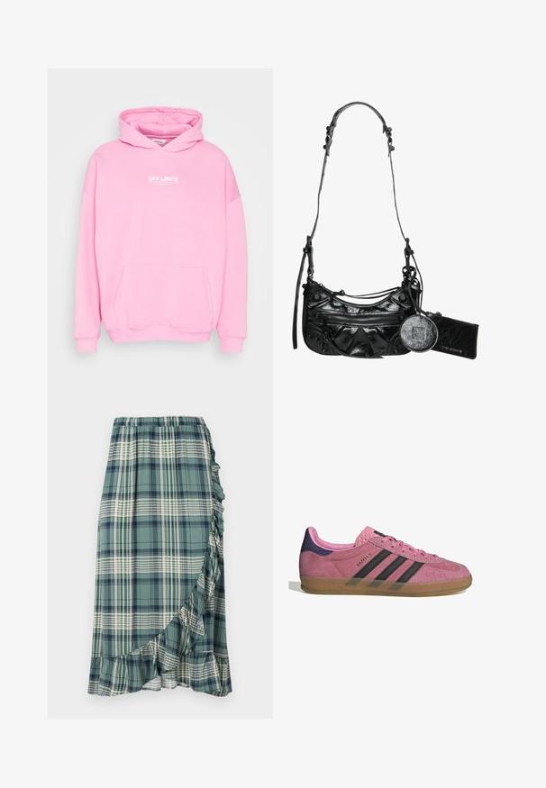 Roza kapuča s žepom na sprednji strani, ki vsebuje napis "OFF LIMITS" v belem. Srajca ima riban rob na rokavih in koncu, izdelana iz mehke tkanine.; Karo krilo v zeleni in mornarsko modri barvi, z nabranim robom in elastičnim pasom. Tkanina ima gladko teksturo z različnimi karo vzorci.; Roza semišna tenisača z črnimi stripe, gumijastim podplatom in teksturiranim vijoličastim petnim delom. Ima vezalni dizajn in embosirano blagovno znamko na strani.; Črna sintetična usnjena torbica z ukrivljeno obliko, z zadrgo spredaj, okrasnim strojčkom in snemljivo okroglo denarnico za kovance.