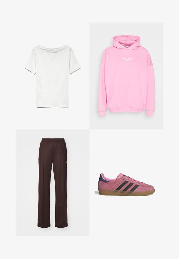 Rosa huvtröja med en framficka, med texten "OFF LIMITS" i vitt. Stickade muddar och nederkant, tillverkad av mjukt tyg.; Vit t-shirt med kort ärm, bred rund halsringning och avslappnad passform. Tillverkad av mjukt bomullstyg med slät textur och enkel design.; Bruna träningsbyxor med resårmidja, två sidofickor och en liten logotyp på vänster sida, tillverkade av ett mjukt tyg.; Rosa mockasnöre med svarta ränder, gummsula och texturerad lila häl. Har en snörningsdesign och prägling på sidan.