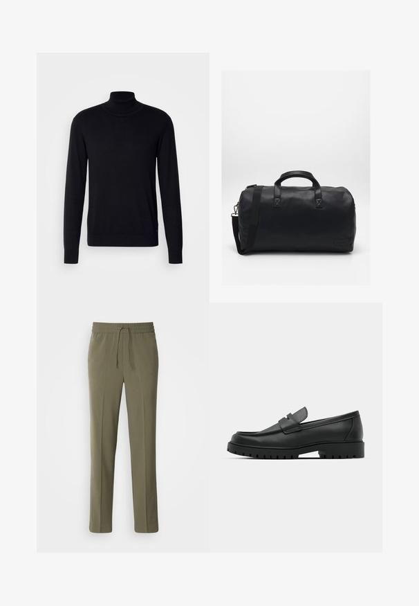 Juodos spalvos kaklo megztinis, pagamintas iš minkštos medžiagos. Turi ilgomis rankovėmis, raukšlėtą apykaklę ir rankogalius, su lygiu paviršiumi ir be raštų.; Alyvuogių žalios, lengvos kelnės su elastinga juostele ir reguliuojamu raišteliu; tiesios kojos dizainas ir lygus paviršius.; Juodi odiniai loaferiai su apvalia nosimi, su siuvinėtu dizainu, žemu platformos padu ir tekstūruotu, sukibimo raštu padu.; Juodas sportinis krepšys, pagamintas iš tekstūruotos sintetinės medžiagos. Yra du rankenoms ir reguliuojama petneša. Paprastas dizainas be matomų raštų.