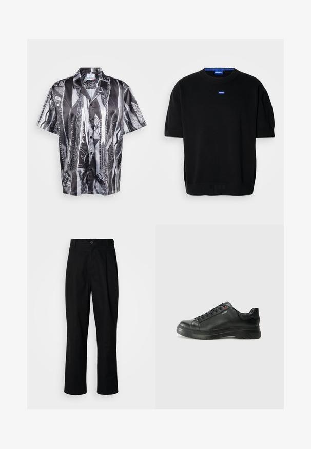 Juodas trumpas rankovės megztinis, pagamintas iš minkšto trikotažo, su apvalia kaklo iškirptele ir mažu mėlynu "HUGO" logotipu ant krūtinės.; Juodai baltos trumpomis rankovėmis mygtukų marškiniai su tekstūruotu gyvatės raštu, su atsipalaidavusia apykakle ir lygia audinio apdaila.; Juodas tiesus kojų kelnes su sagomis juosmenyje, diržo kilpomis ir priekine raukšle, parodytas prieš paprastą baltą foną.; Juodos odinės sportinės bateliai su tekstūruota viršutine dalimi, paminkštinta apykakle ir raudonu logotipo akcentu. Yra storas guminis padas su išskirtiniu protektoriaus raštu.