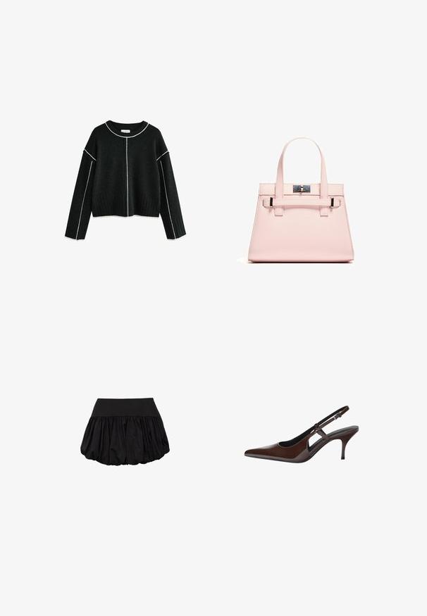 Schwarzer Strickpullover mit geripptem Saum und Ärmeln, ausgestattet mit kontrastierendem weißen Stich entlang des Ausschnitts und der Schultern. Verkürztes Design.; Schwarzer Minirock mit einem strukturierten Bund und einem voluminösen, gerafften Design. Hergestellt aus leichtem Stoff, bietet er eine glatte Textur.; Braune Lackleder-Slingback-Pumps mit spitzem Zeh, offenen Ausschnitten und dünnem Absatz. Mit verstellbarem Schnallenriemen.; Rosa strukturierte Handtasche aus strukturiertem Leder mit zwei Obergriffen, einem Klappverschluss und kontrastierenden Metallelementen.